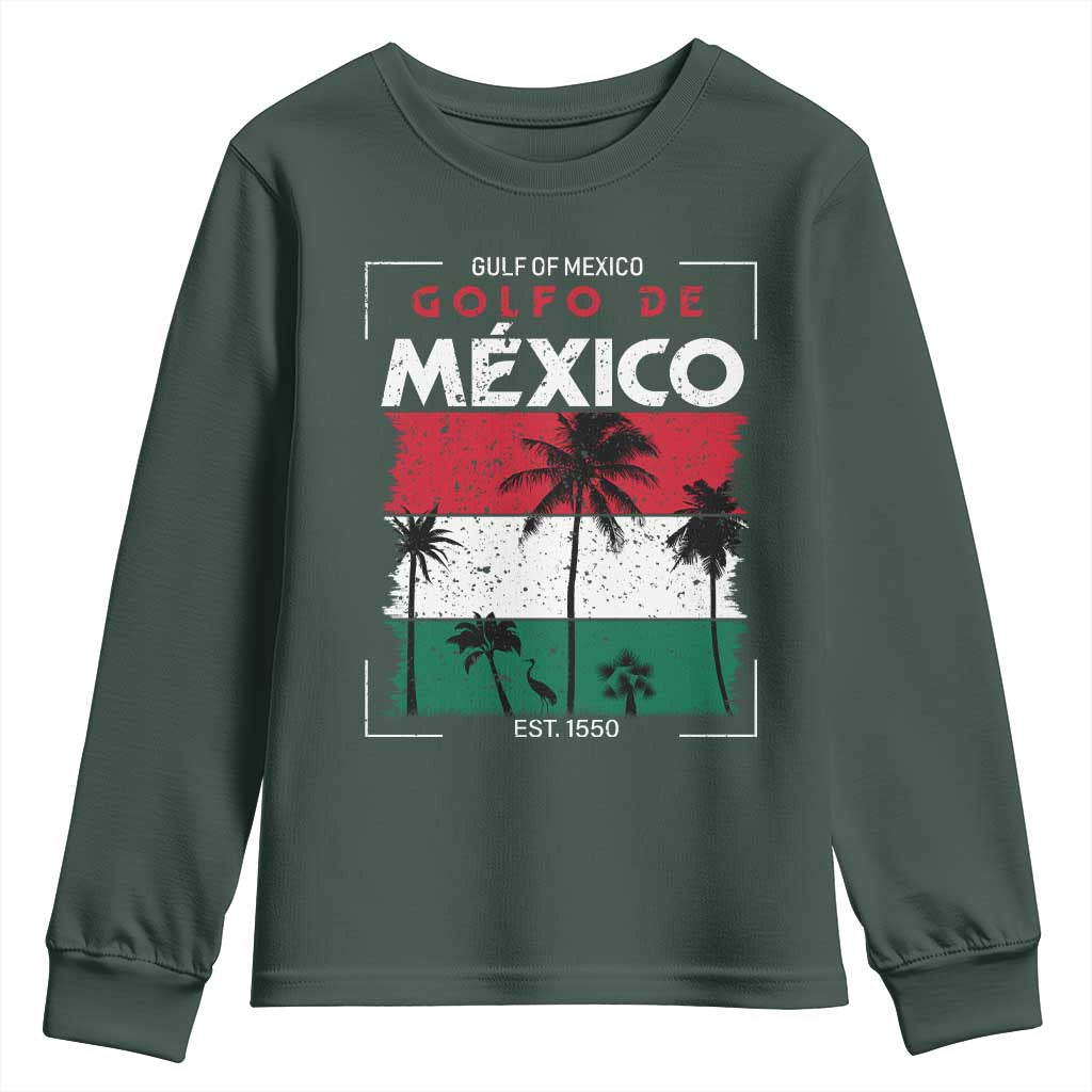 Golfo De Mexico EST 1550 Youth Sweatshirt Vintage Mexican Flag Palm Tree TS11 Dark Forest Green Print Your Wear