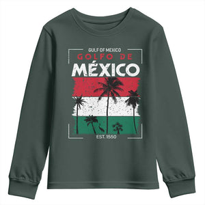 Golfo De Mexico EST 1550 Youth Sweatshirt Vintage Mexican Flag Palm Tree TS11 Dark Forest Green Print Your Wear
