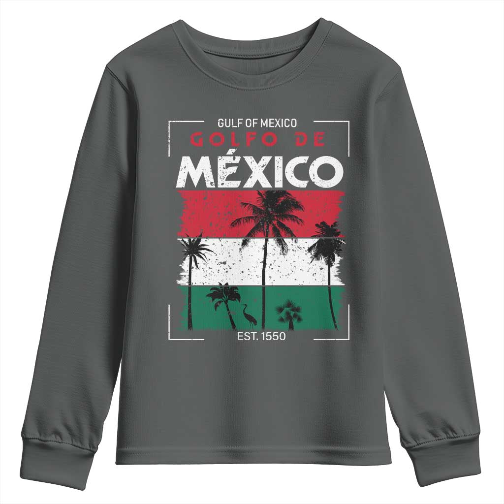 Golfo De Mexico EST 1550 Youth Sweatshirt Vintage Mexican Flag Palm Tree TS11 Dark Heather Print Your Wear