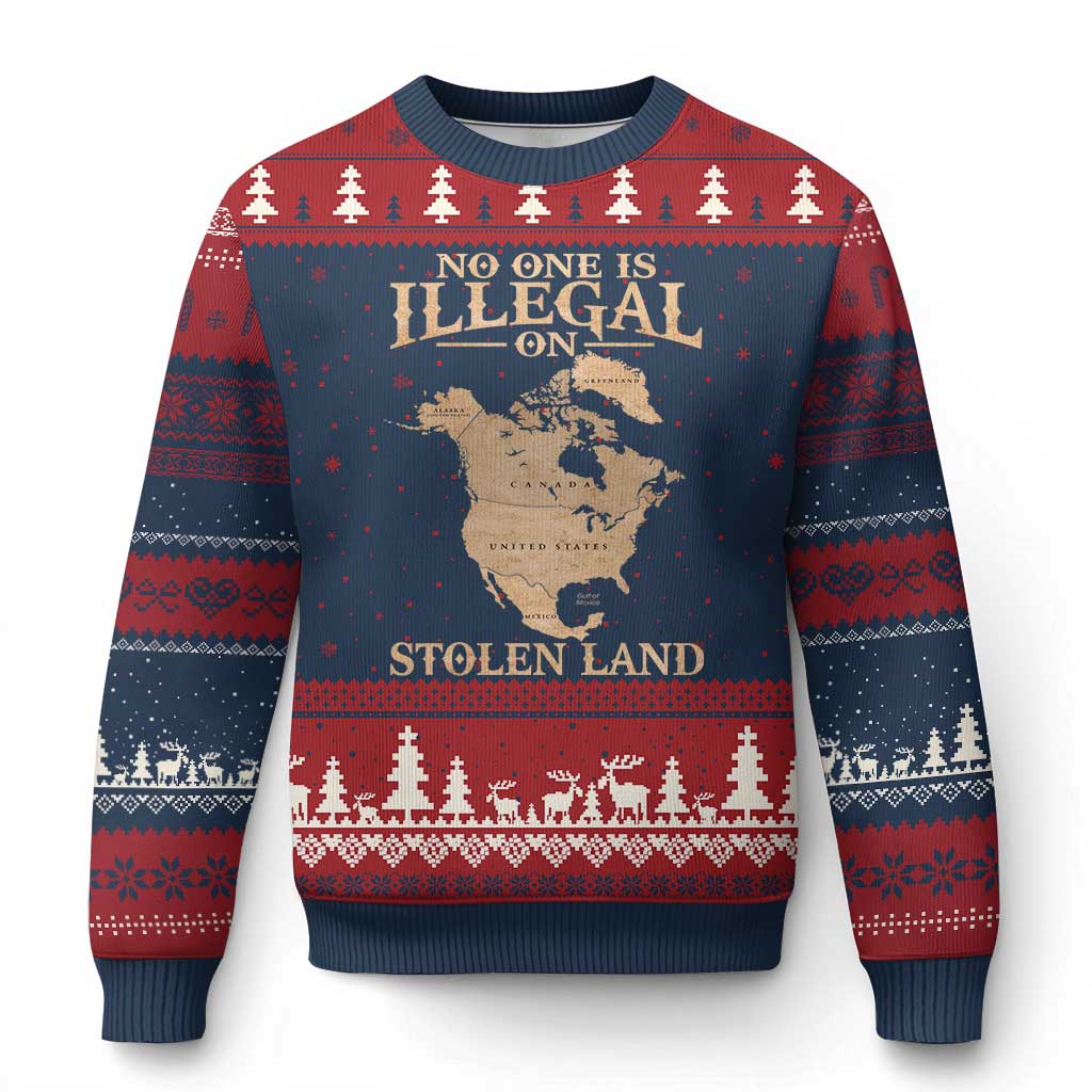 No One Is Illegal On Stolen Land Ugly Christmas Sweater North America Vintage Map TS11 Navy Red Print Your Wear
