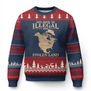 No One Is Illegal On Stolen Land Ugly Christmas Sweater North America Vintage Map TS11 Navy Red Print Your Wear