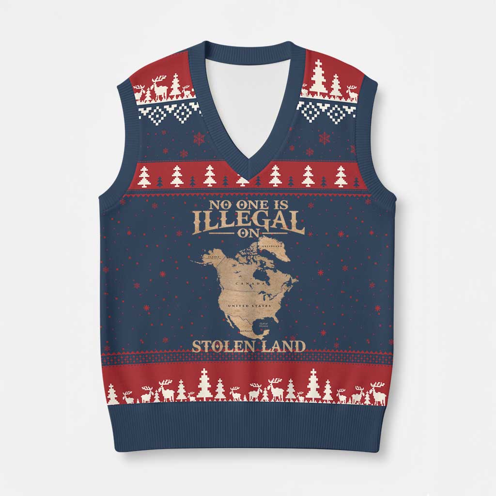 No One Is Illegal On Stolen Land V-Neck Knit Sweater Vest North America Vintage Map TS11 Navy Red Print Your Wear