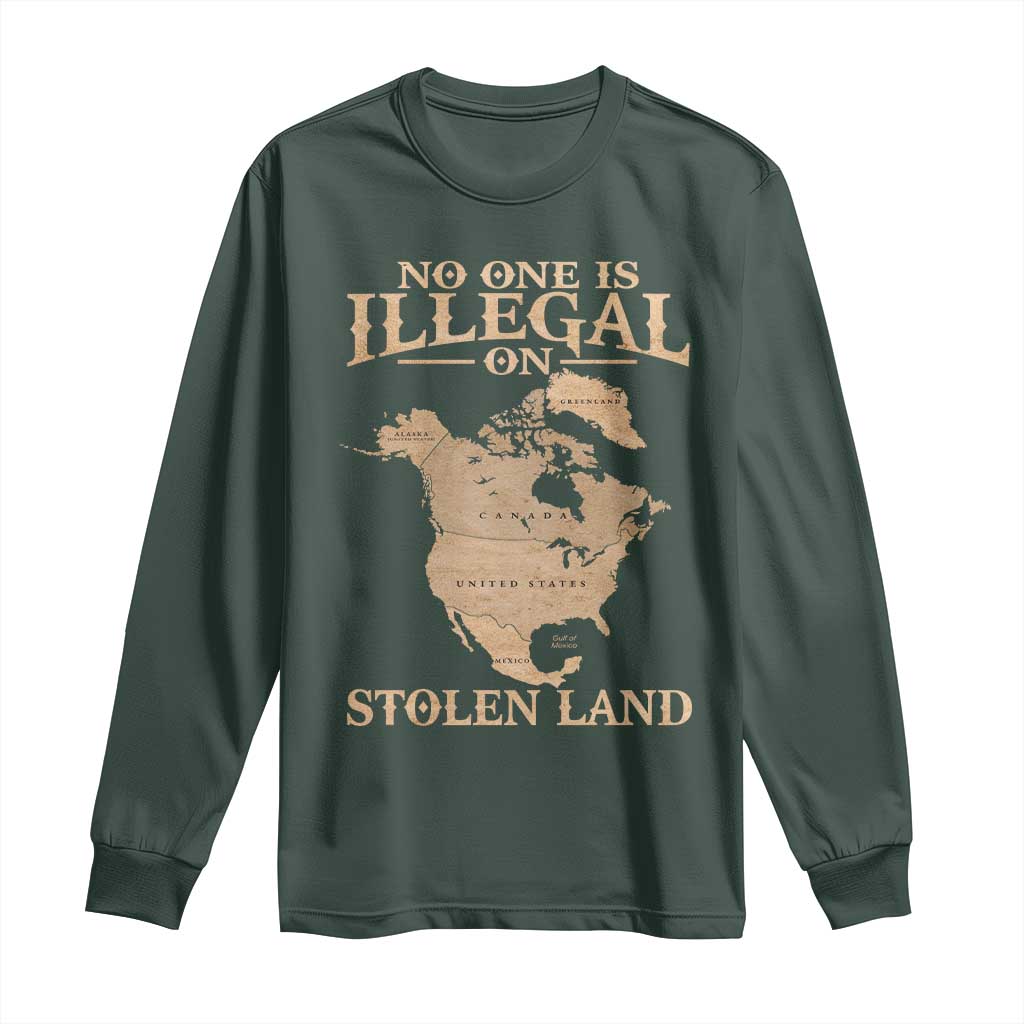 No One Is Illegal On Stolen Land Long Sleeve Shirt North America Vintage Map TS11 Dark Forest Green Print Your Wear