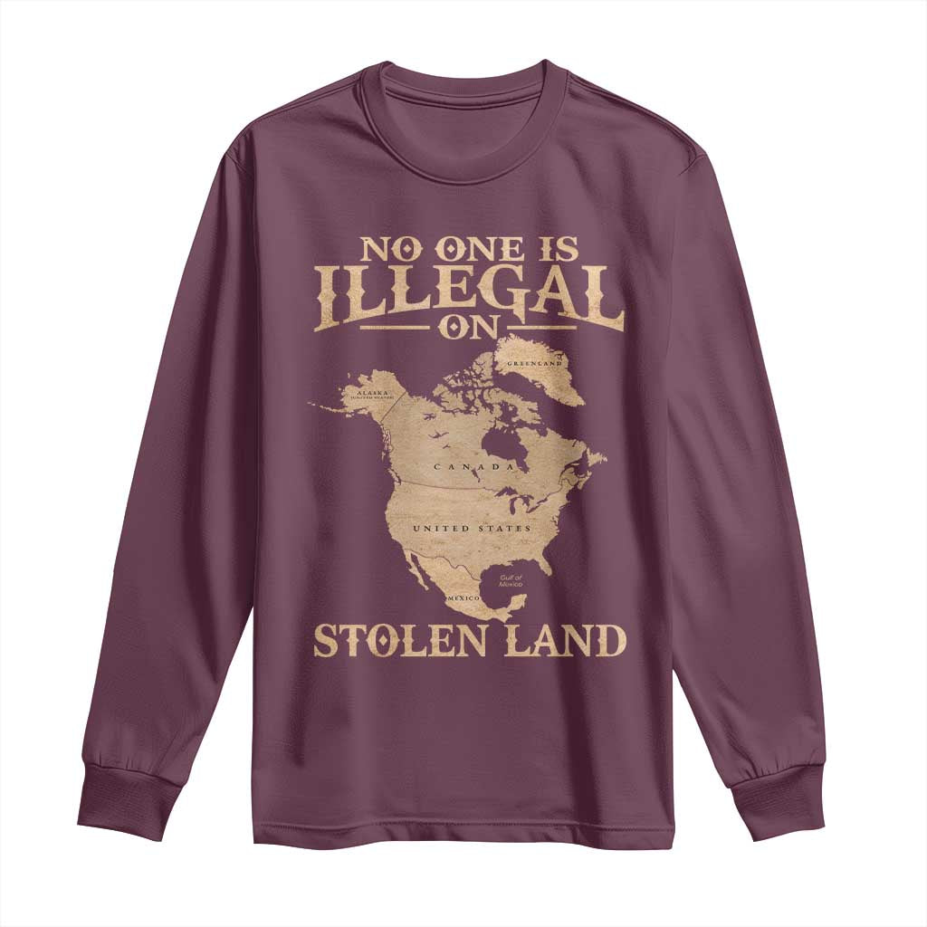 No One Is Illegal On Stolen Land Long Sleeve Shirt North America Vintage Map TS11 Maroon Print Your Wear