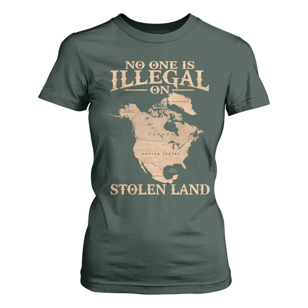 No One Is Illegal On Stolen Land T Shirt For Women North America Vintage Map TS11 Dark Forest Green Print Your Wear