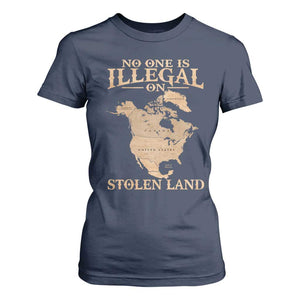 No One Is Illegal On Stolen Land T Shirt For Women North America Vintage Map TS11 Navy Print Your Wear