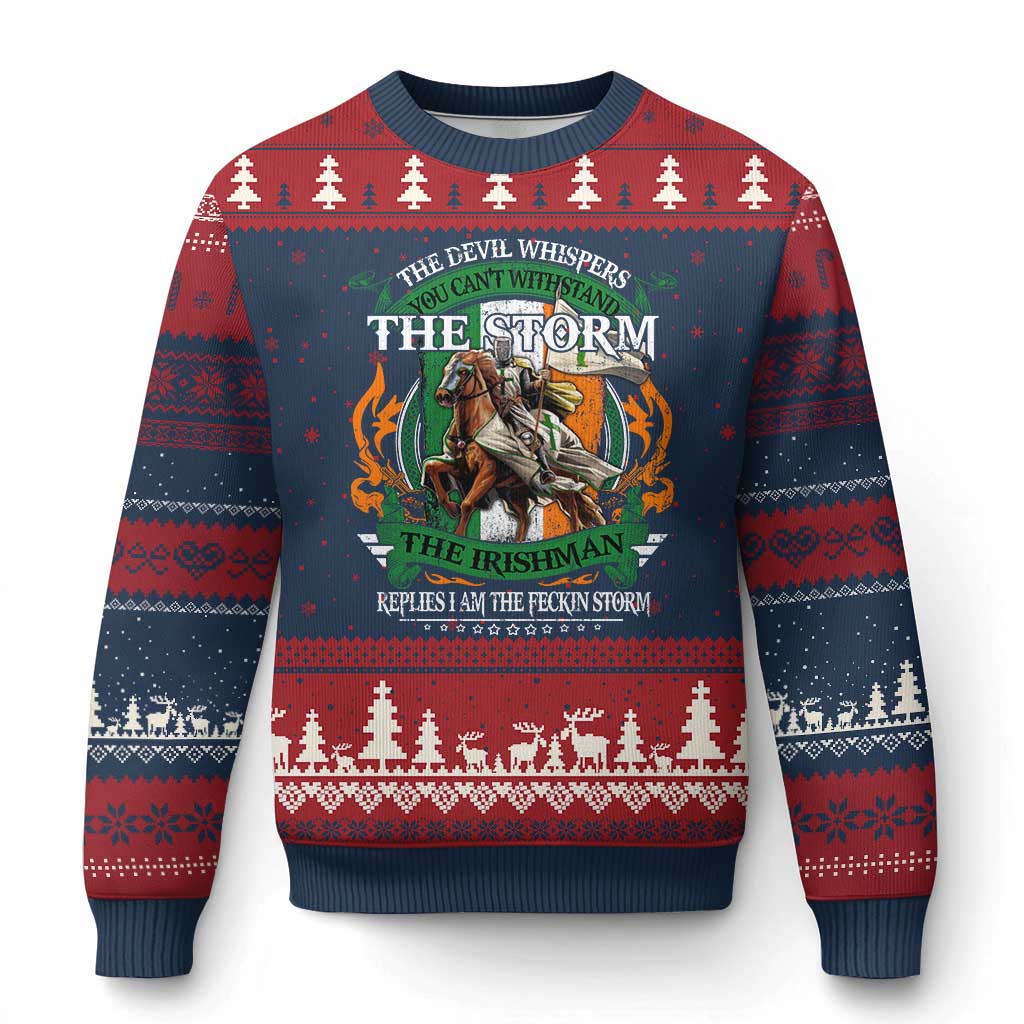 Irish Pride Ugly Christmas Sweater The Devil Whispers You Can't Withstand The Storm The Irishman Replies TS11 Navy Red Print Your Wear