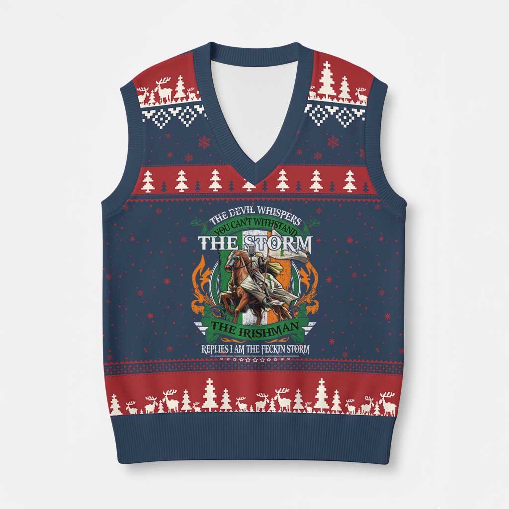 Irish Pride V-Neck Knit Sweater Vest The Devil Whispers You Can't Withstand The Storm The Irishman Replies TS11 Navy Red Print Your Wear