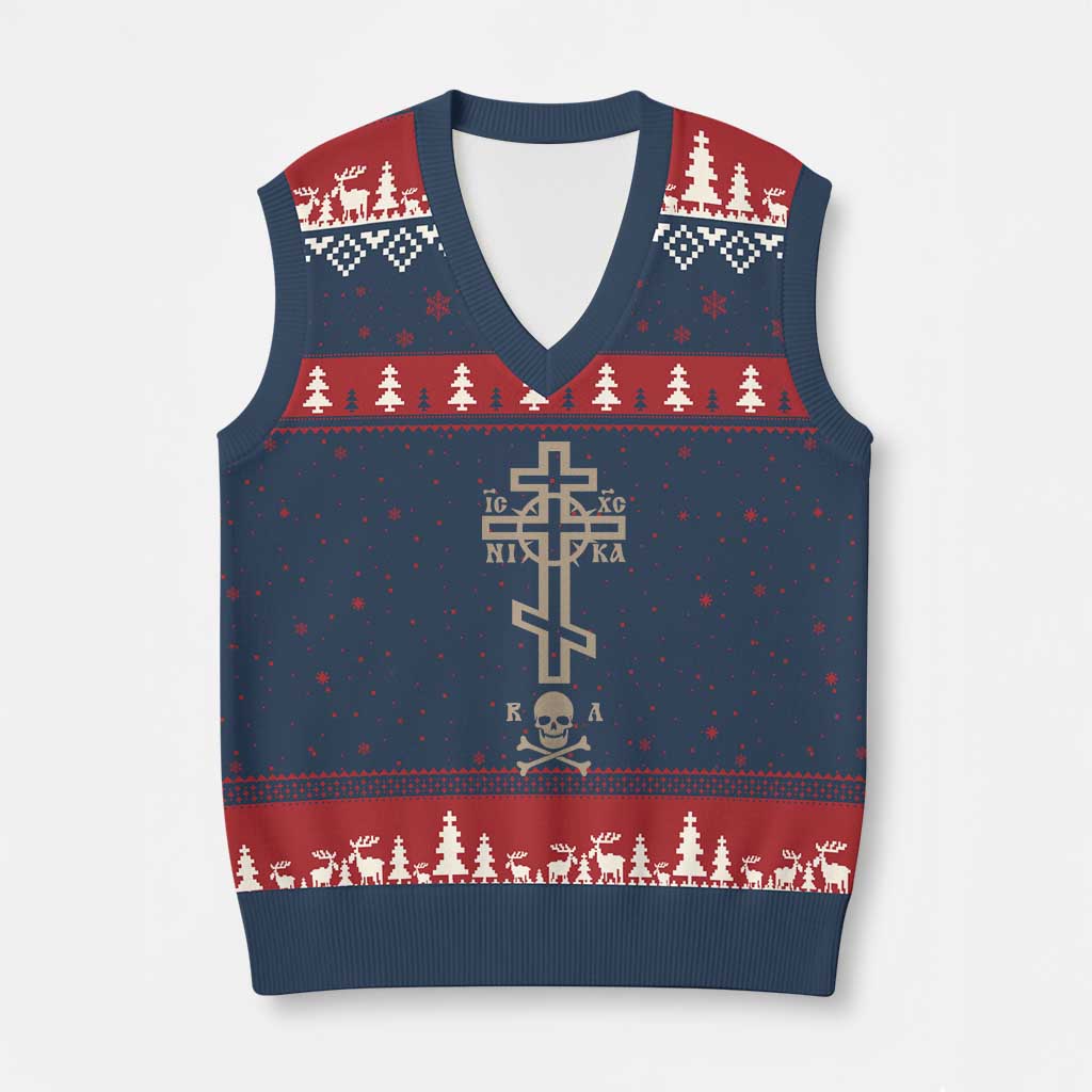 Orthodox Christian V-Neck Knit Sweater Vest Vintage Orthodox Cross With Skull of Adam TS11 Navy Red Print Your Wear