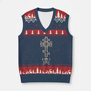 Orthodox Christian V-Neck Knit Sweater Vest Vintage Orthodox Cross With Skull of Adam TS11 Navy Red Print Your Wear