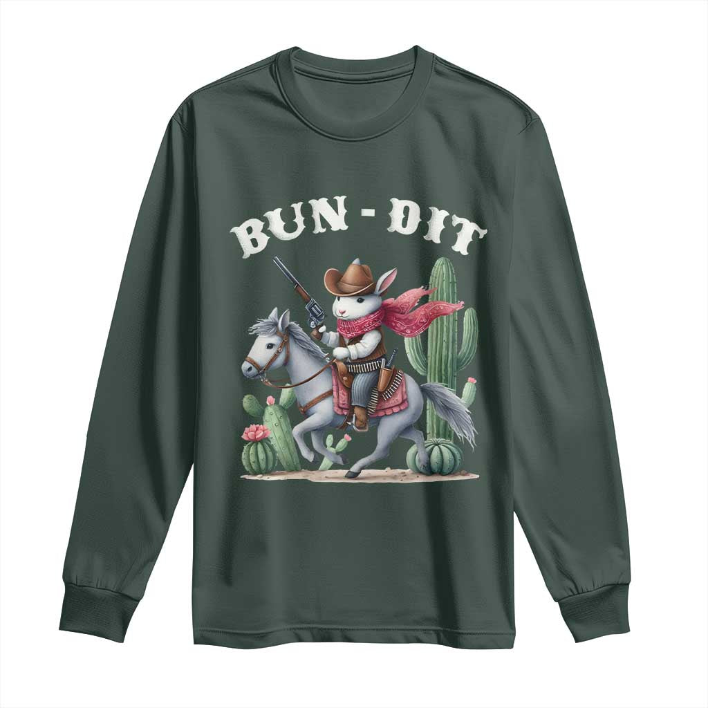 Funny Easter Day Western Long Sleeve Shirt Bun-dit Country Rabbit Cowboy Rodeo TS11 Dark Forest Green Print Your Wear