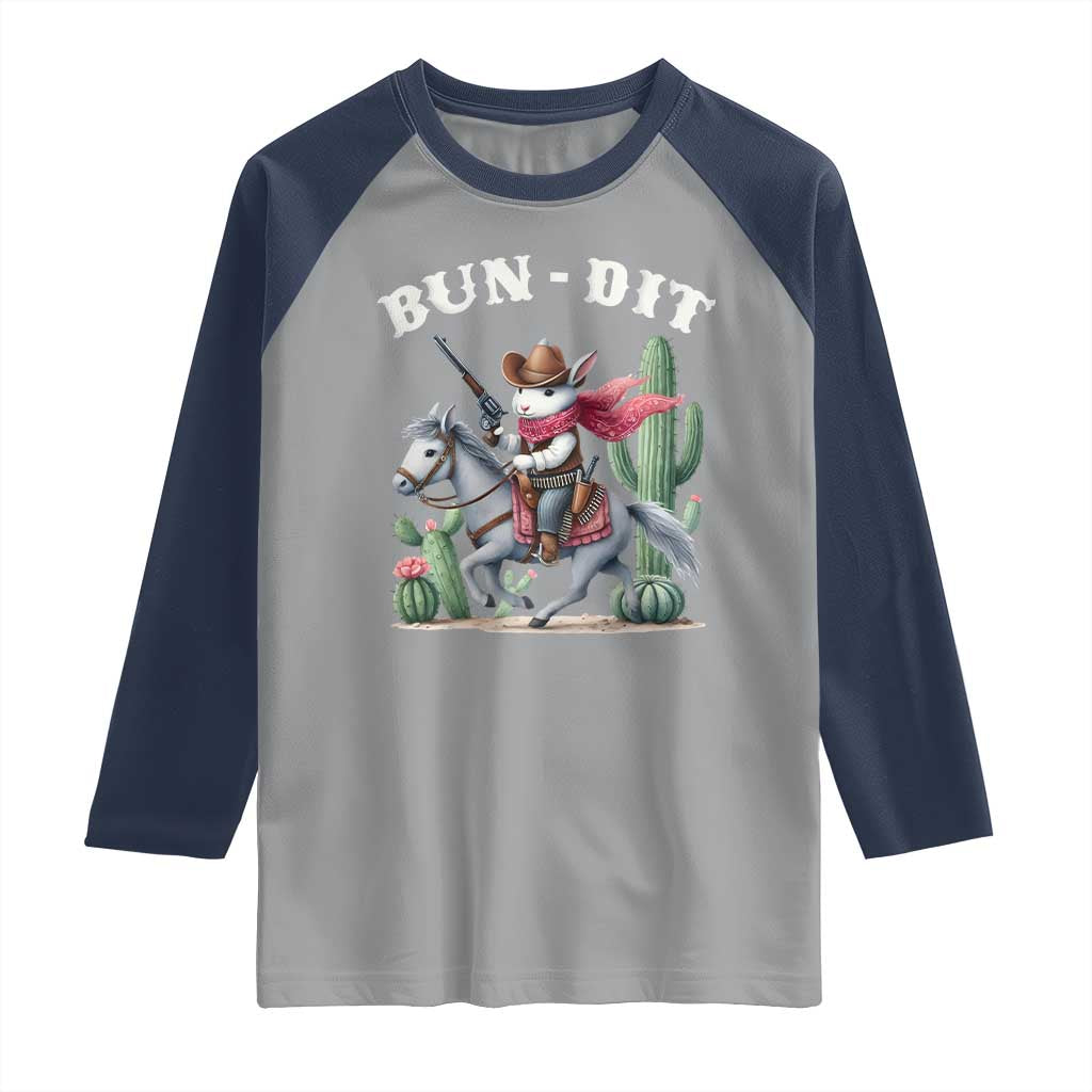 Funny Easter Day Western Raglan Shirt Bun-dit Country Rabbit Cowboy Rodeo TS11 Sport Gray Navy Print Your Wear