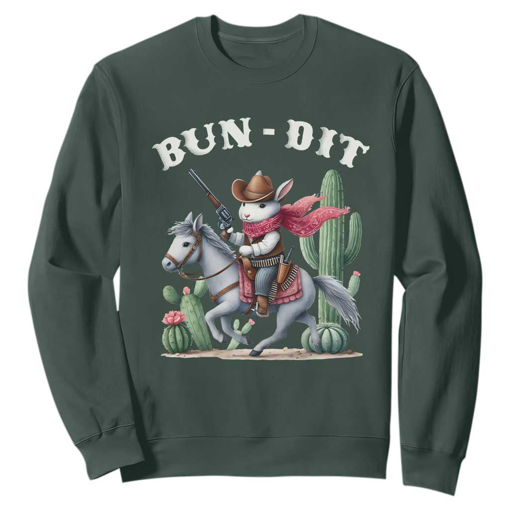 Funny Easter Day Western Sweatshirt Bun-dit Country Rabbit Cowboy Rodeo TS11 Dark Forest Green Print Your Wear