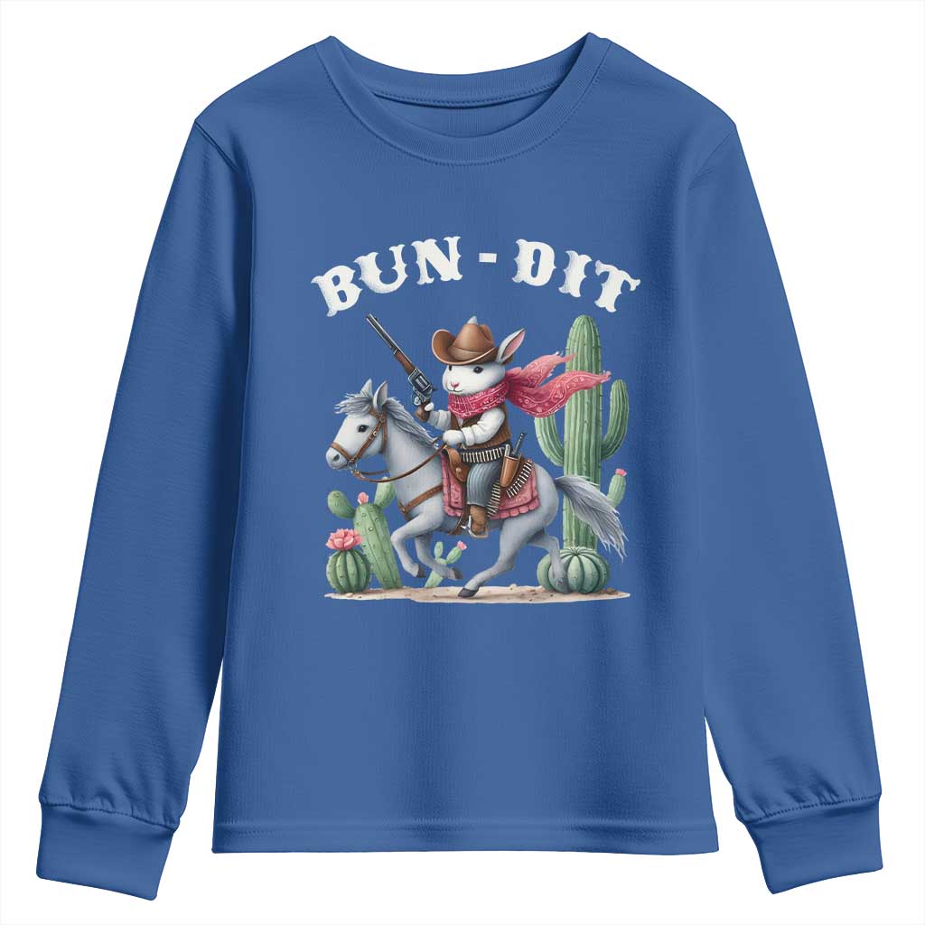 Funny Easter Day Western Youth Sweatshirt Bun-dit Country Rabbit Cowboy Rodeo TS11 Royal Blue Print Your Wear