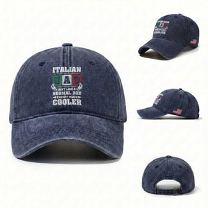 Funny Italian Dad Just Like A Normal Dad Except Much Cooler Washed Cotton Baseball Cap Pinched Fingers Father's Day TS11 Washed Cap Universal Fit Navy Print Your Wear