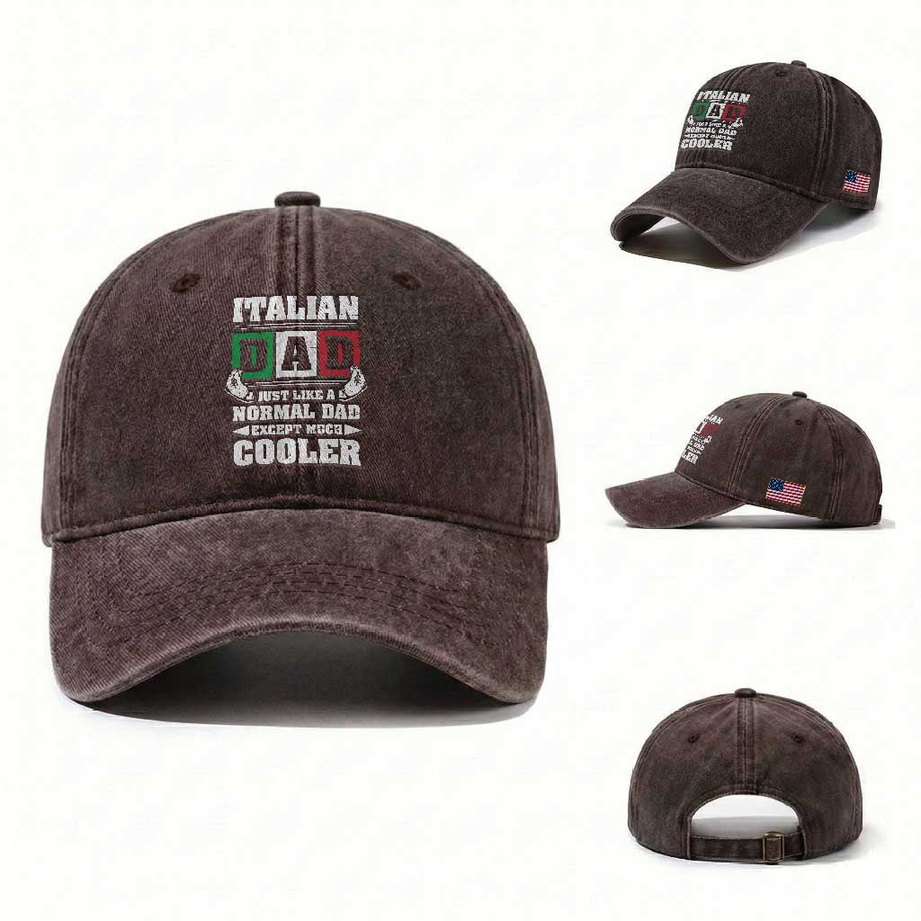 Funny Italian Dad Just Like A Normal Dad Except Much Cooler Washed Cotton Baseball Cap Pinched Fingers Father's Day TS11 Washed Cap Universal Fit Dark Brown Print Your Wear