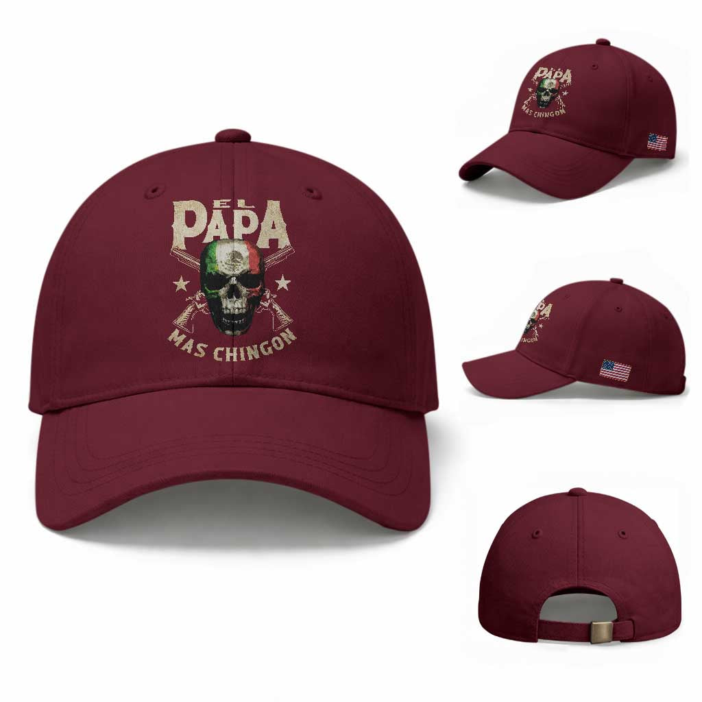 Funny Mexican Dad Baseball Cap El Papa Mas Chingon Vintage Mexico Skull TS11 Baseball Cap Universal Fit Maroon Print Your Wear