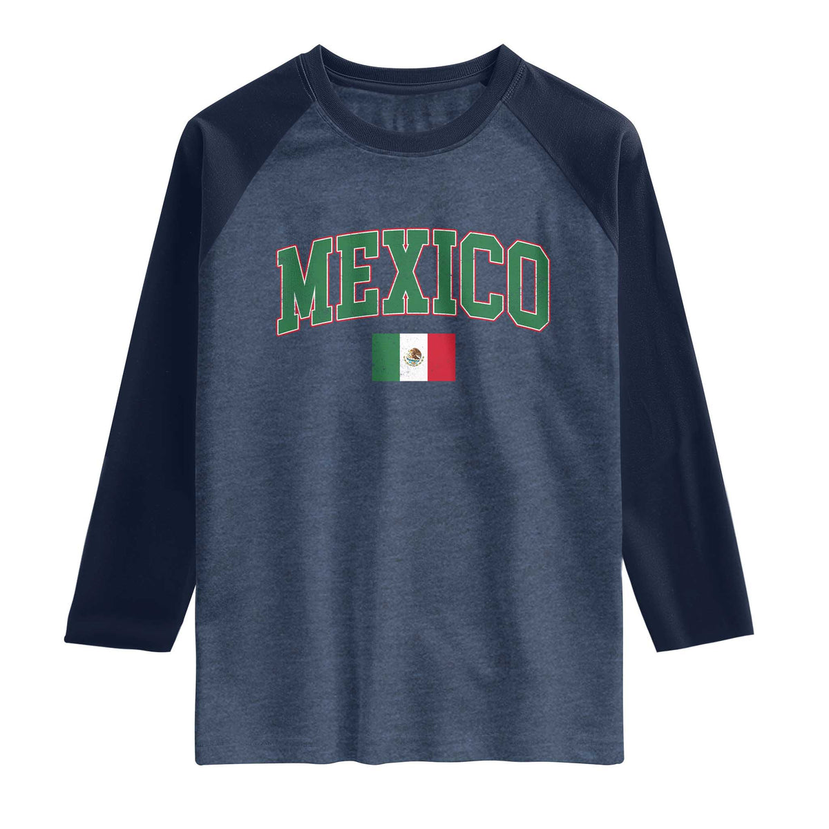 Mexico Flag Vintage Mexican Pride Heritage Raglan Shirt TS11 Heather Denim Navy Print Your Wear