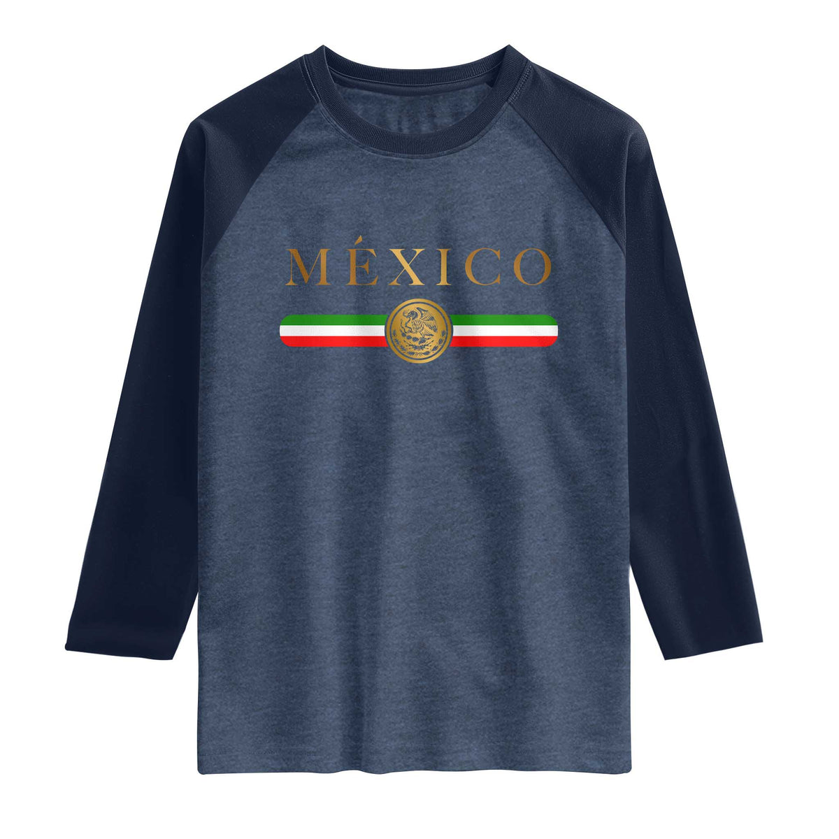 Mexican Heritage Pride Raglan Shirt Mexico Vintage Flag Coat of Arms Graphic TS11 Heather Denim Navy Print Your Wear