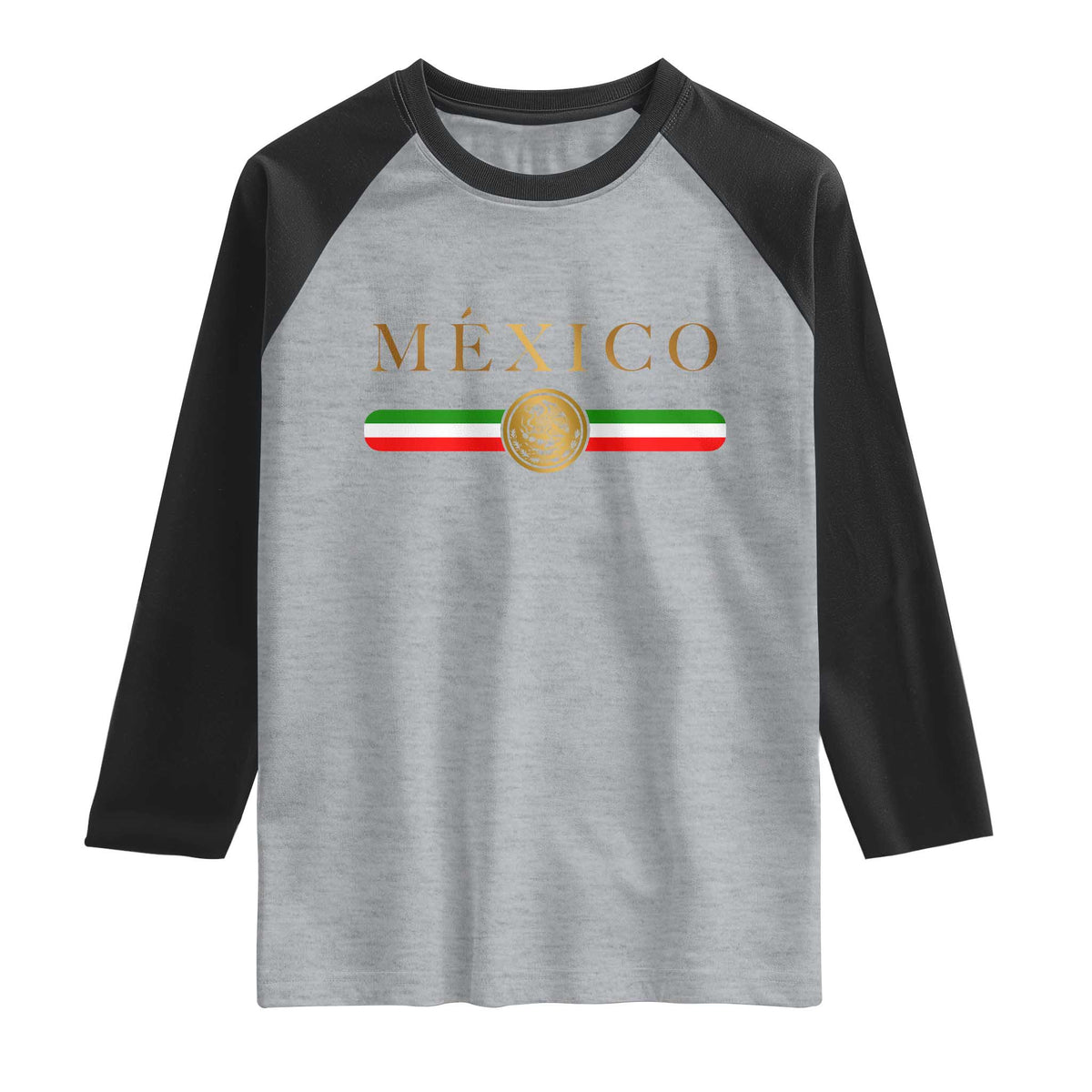 Mexican Heritage Pride Raglan Shirt Mexico Vintage Flag Coat of Arms Graphic TS11 Heather Gray Black Print Your Wear