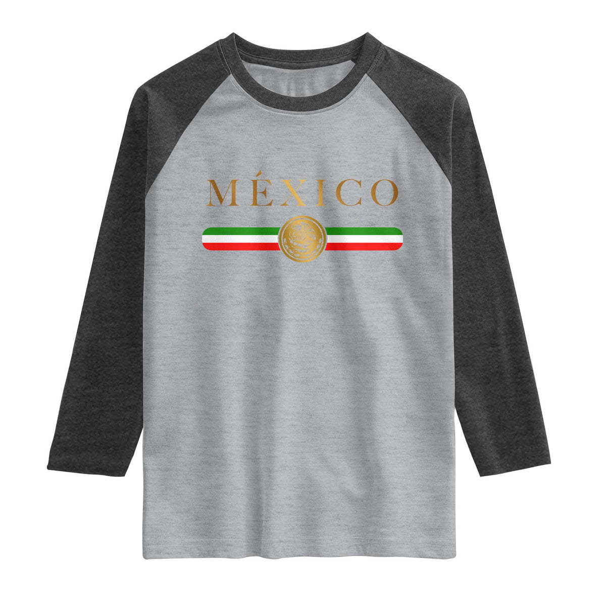 Mexican Heritage Pride Raglan Shirt Mexico Vintage Flag Coat of Arms Graphic TS11 Heather Gray Heather Charcoal Print Your Wear