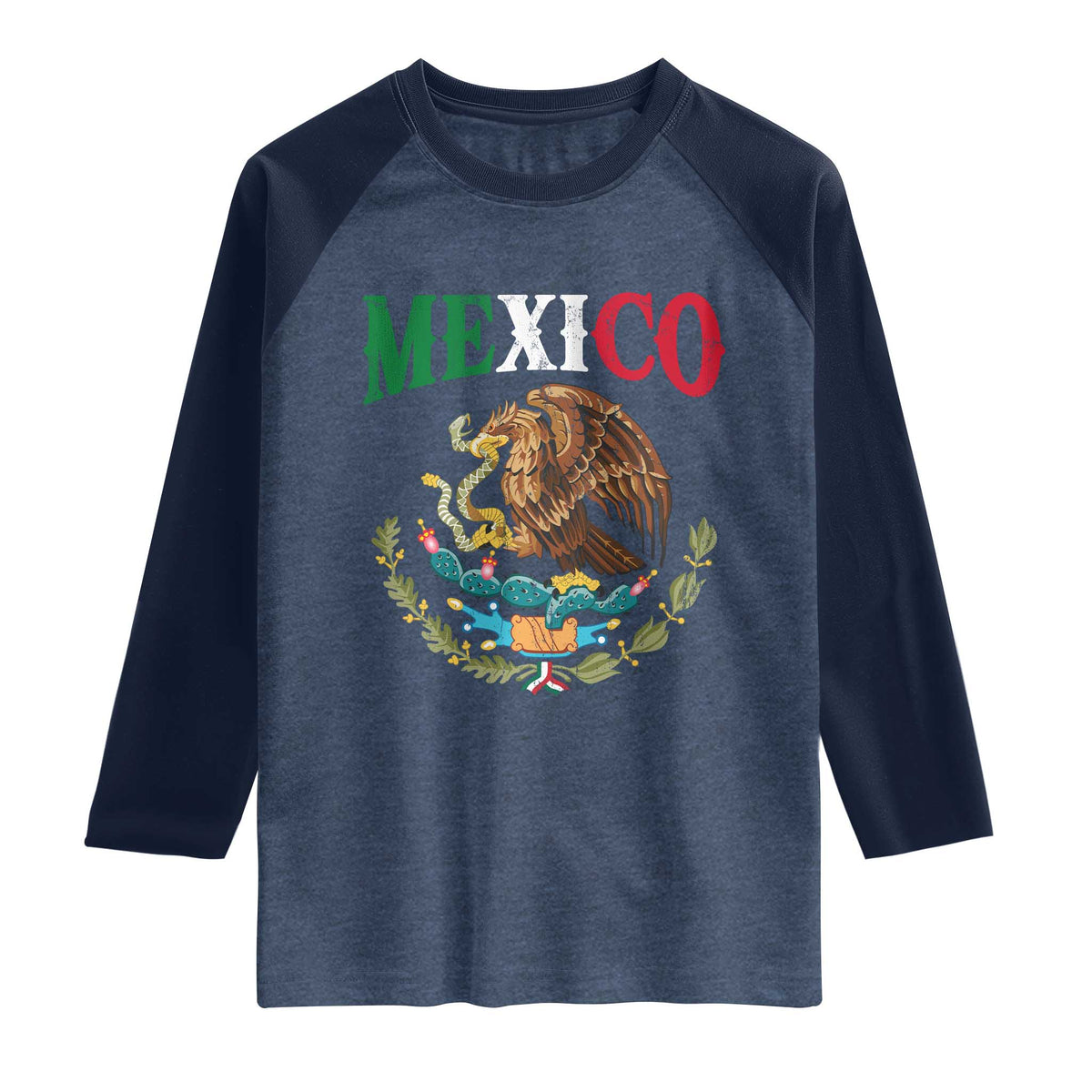 Mexican Coat Of Arms Mexico Vintage Flag Raglan Shirt TS11 Heather Denim Navy Print Your Wear