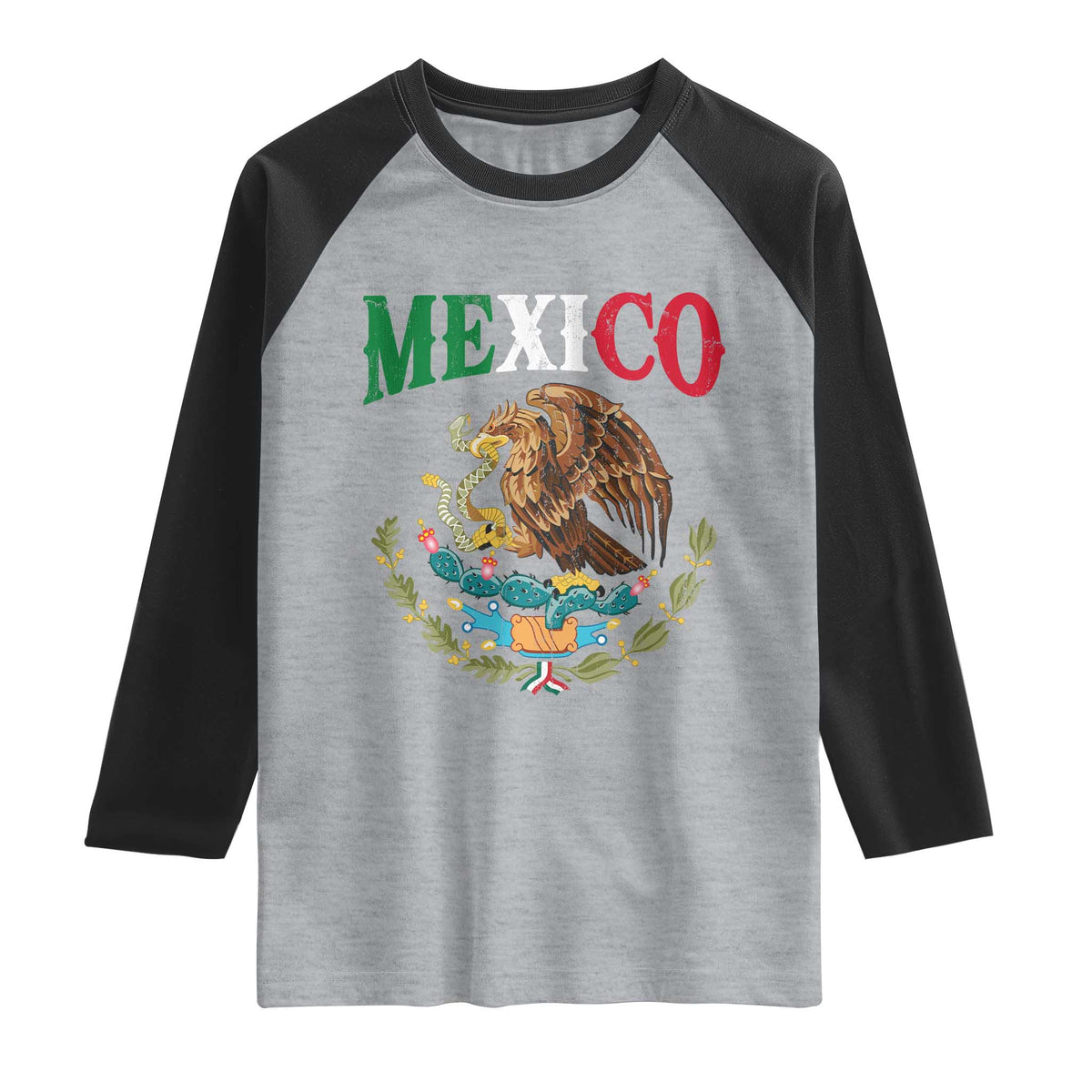 Mexican Coat Of Arms Mexico Vintage Flag Raglan Shirt TS11 Heather Gray Black Print Your Wear