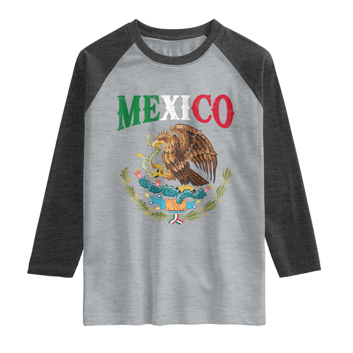 Mexican Coat Of Arms Mexico Vintage Flag Raglan Shirt TS11 Heather Gray Heather Charcoal Print Your Wear