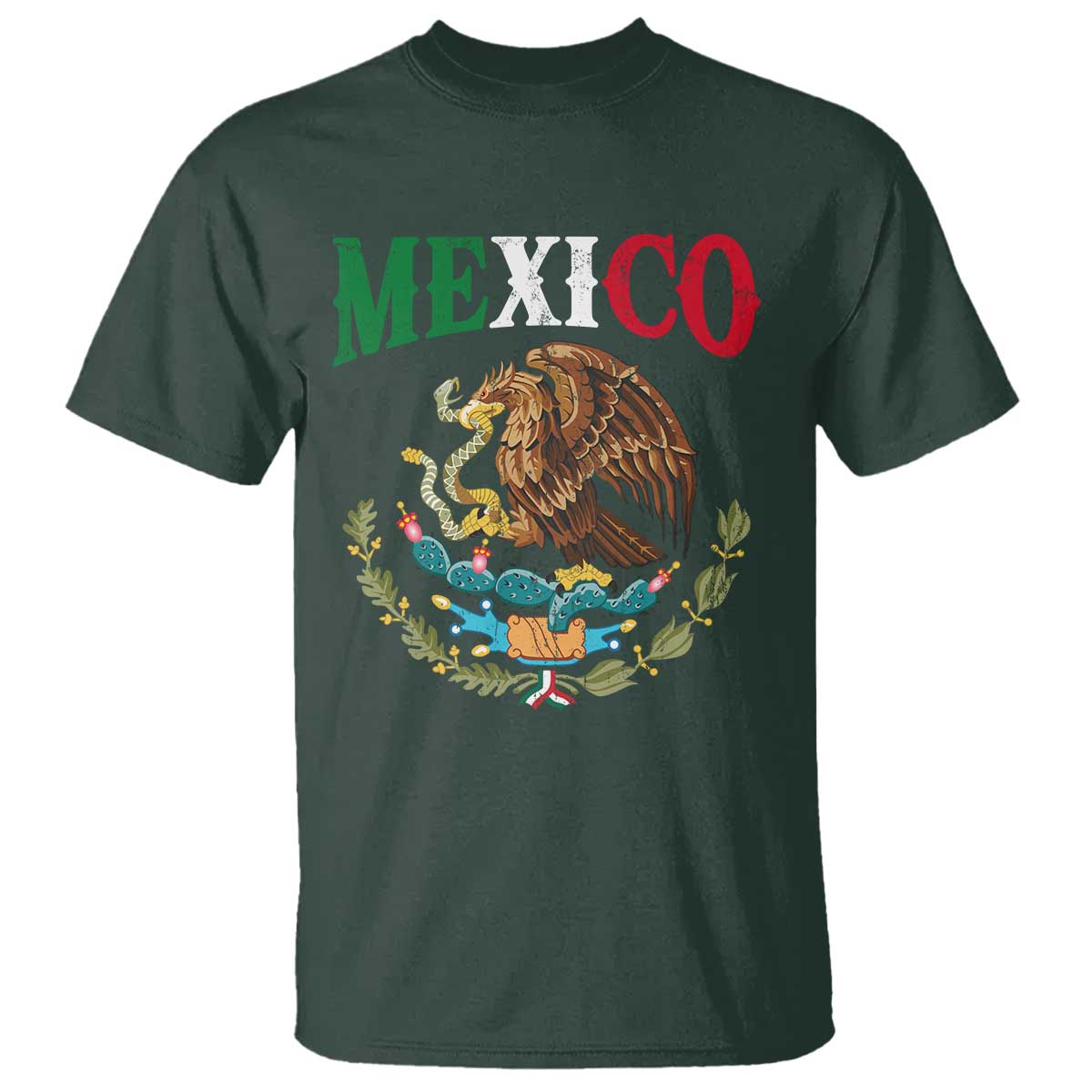 Mexican Coat Of Arms Mexico Vintage Flag T Shirt TS11 Dark Forest Green Print Your Wear