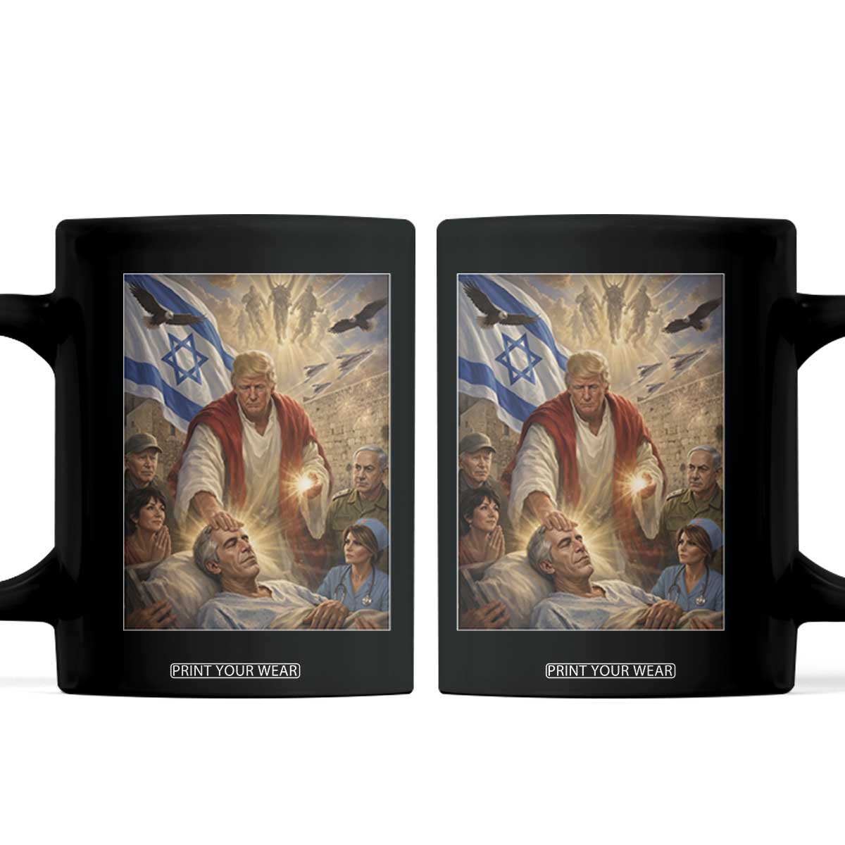 Trump as Jesus Coffee Mug Divine Leader Meme Healing Scene Israel Flag TS11 Black Print Your Wear