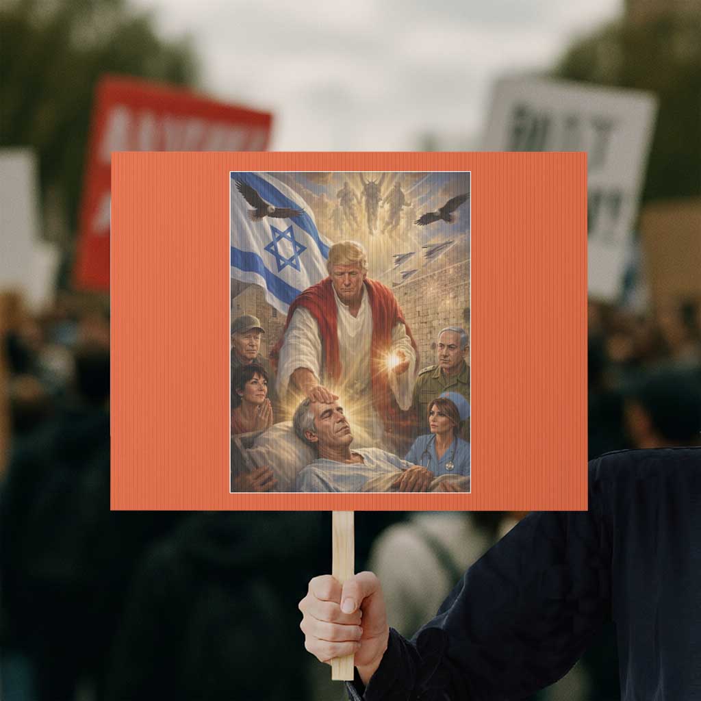 Trump as Jesus Protest Sign Divine Leader Meme Healing Scene Israel Flag TS11 Horizontal 18