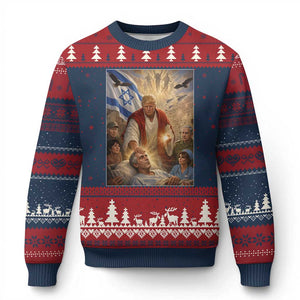 Trump as Jesus Ugly Christmas Sweater Divine Leader Meme Healing Scene Israel Flag TS11 Navy Red Print Your Wear