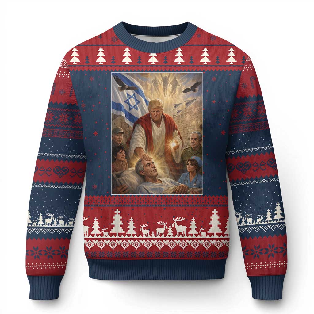 Trump as Jesus Ugly Christmas Sweater Divine Leader Meme Healing Scene Israel Flag TS11 Navy Red Print Your Wear
