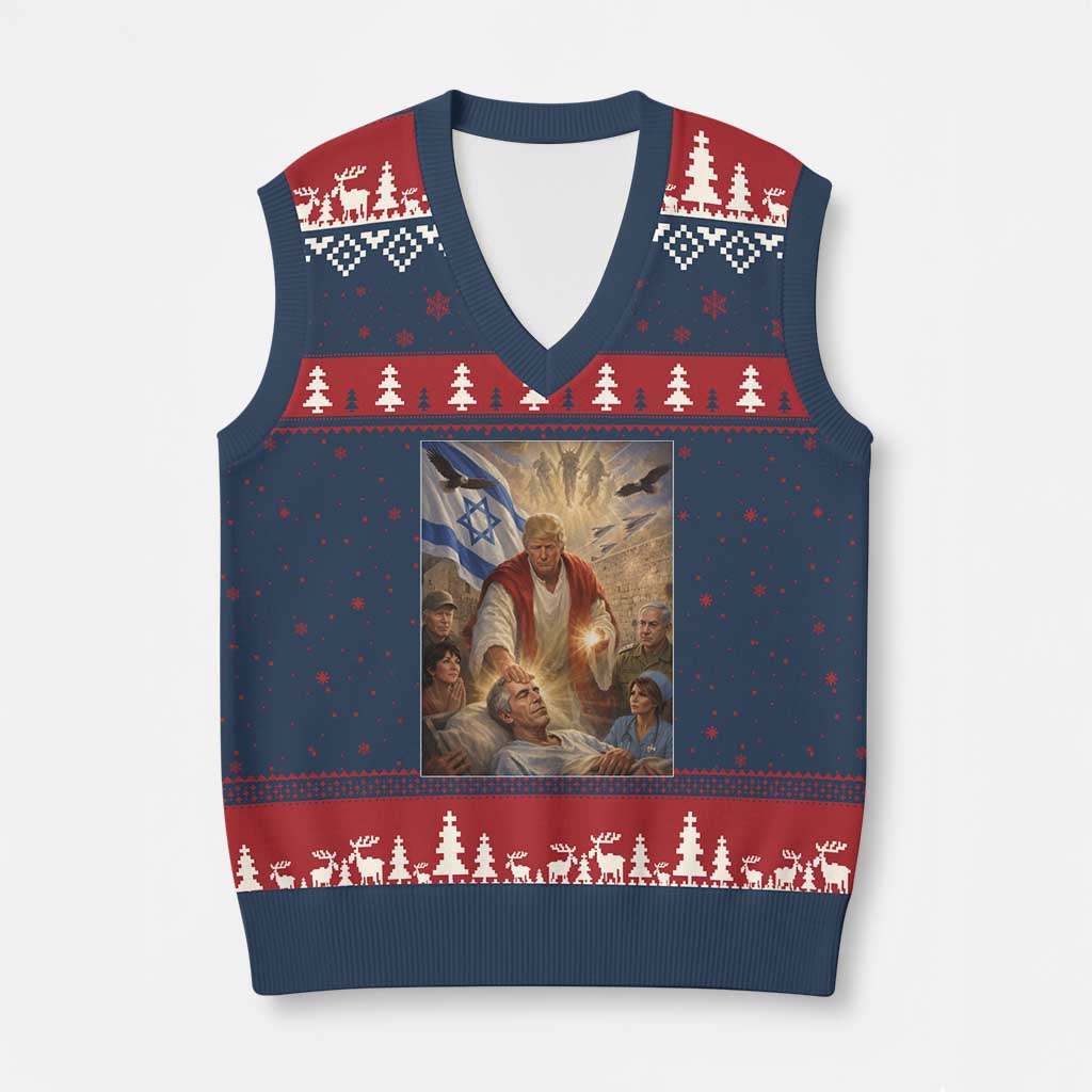 Trump as Jesus V-Neck Knit Sweater Vest Divine Leader Meme Healing Scene Israel Flag TS11 Navy Red Print Your Wear