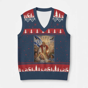 Trump as Jesus V-Neck Knit Sweater Vest Divine Leader Meme Healing Scene Israel Flag TS11 Navy Red Print Your Wear