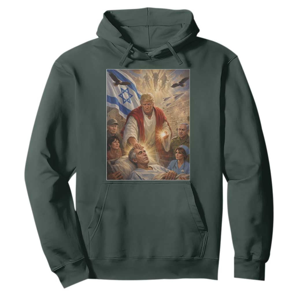 Trump as Jesus Hoodie Divine Leader Meme Healing Scene Israel Flag TS11 Dark Forest Green Print Your Wear