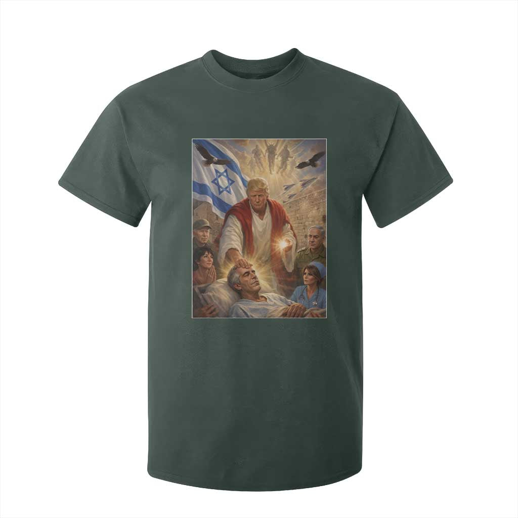 Trump as Jesus T Shirt For Kid Divine Leader Meme Healing Scene Israel Flag TS11 Dark Forest Green Print Your Wear