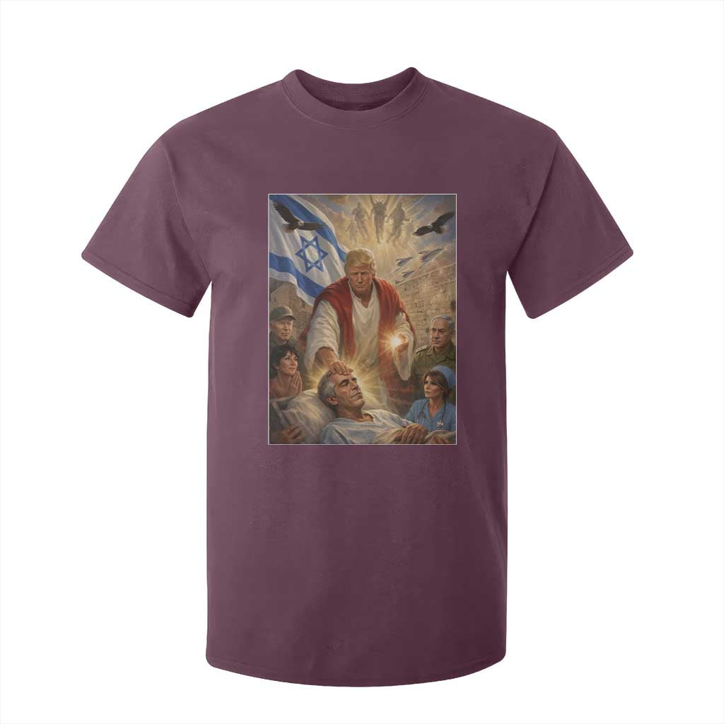 Trump as Jesus T Shirt For Kid Divine Leader Meme Healing Scene Israel Flag TS11 Maroon Print Your Wear