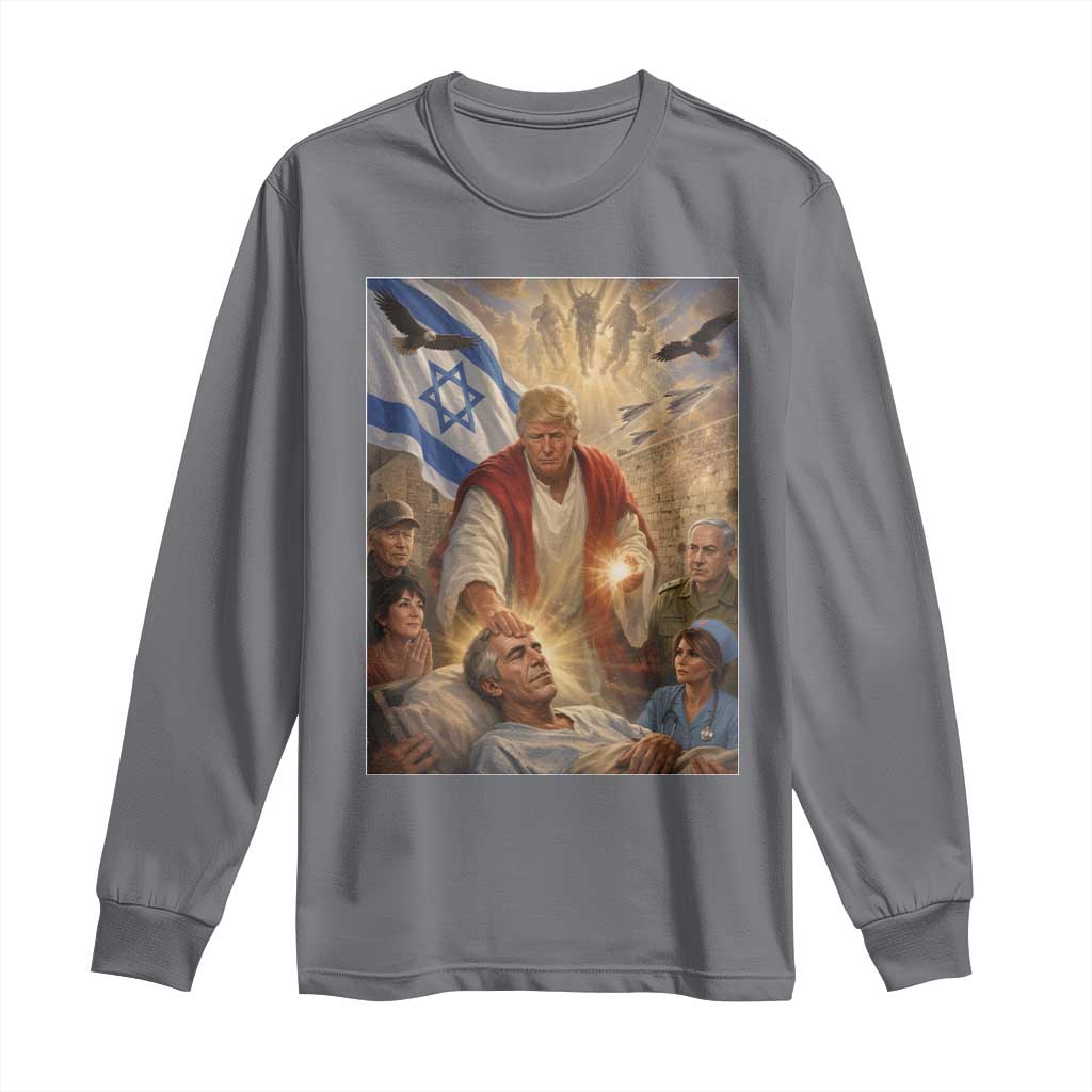 Trump as Jesus Long Sleeve Shirt Divine Leader Meme Healing Scene Israel Flag TS11 Charcoal Print Your Wear