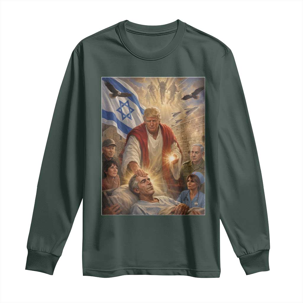 Trump as Jesus Long Sleeve Shirt Divine Leader Meme Healing Scene Israel Flag TS11 Dark Forest Green Print Your Wear