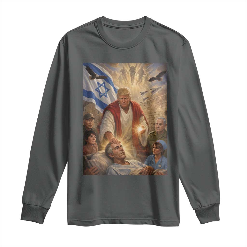 Trump as Jesus Long Sleeve Shirt Divine Leader Meme Healing Scene Israel Flag TS11 Dark Heather Print Your Wear