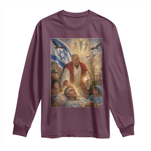 Trump as Jesus Long Sleeve Shirt Divine Leader Meme Healing Scene Israel Flag TS11 Maroon Print Your Wear