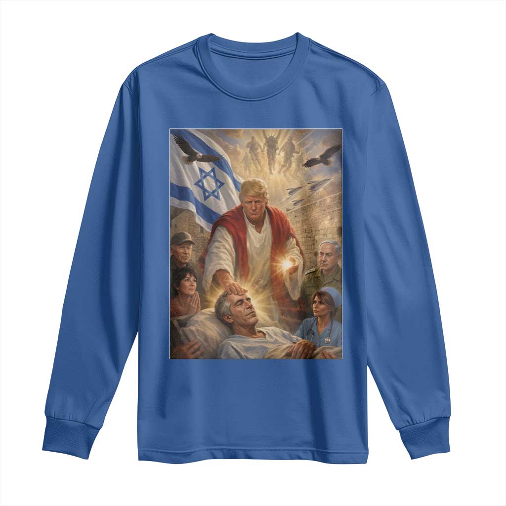Trump as Jesus Long Sleeve Shirt Divine Leader Meme Healing Scene Israel Flag TS11 Royal Blue Print Your Wear