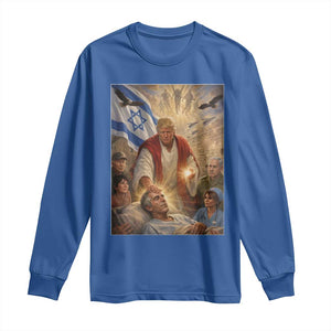 Trump as Jesus Long Sleeve Shirt Divine Leader Meme Healing Scene Israel Flag TS11 Royal Blue Print Your Wear