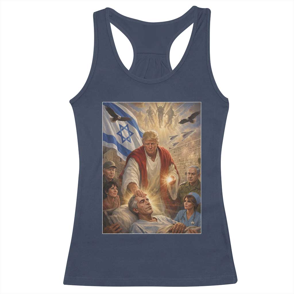 Trump as Jesus Racerback Tank Top Divine Leader Meme Healing Scene Israel Flag TS11 Navy Print Your Wear