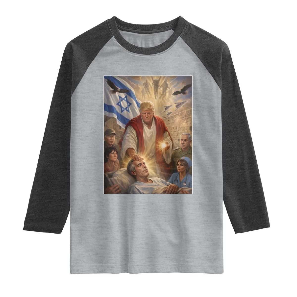 Trump as Jesus Raglan Shirt Divine Leader Meme Healing Scene Israel Flag TS11 Heather Gray Heather Charcoal Print Your Wear