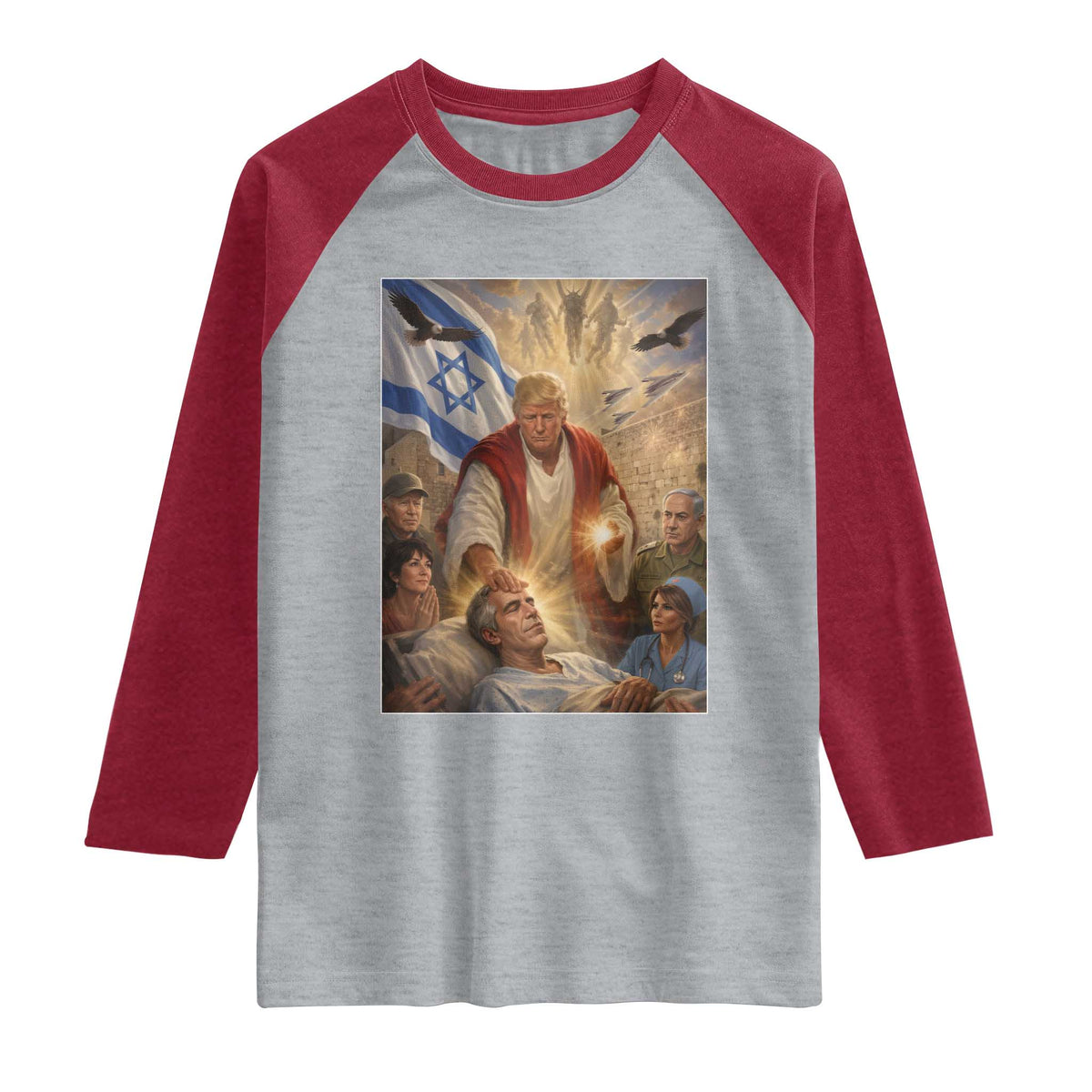 Trump as Jesus Raglan Shirt Divine Leader Meme Healing Scene Israel Flag TS11 Heather Gray Heather Red Print Your Wear
