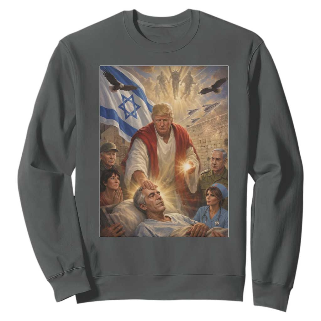 Trump as Jesus Sweatshirt Divine Leader Meme Healing Scene Israel Flag TS11 Dark Heather Print Your Wear