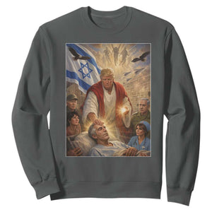 Trump as Jesus Sweatshirt Divine Leader Meme Healing Scene Israel Flag TS11 Dark Heather Print Your Wear