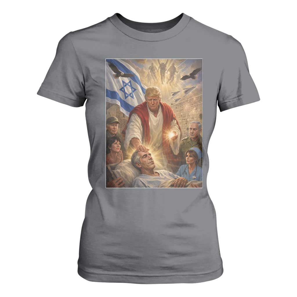 Trump as Jesus T Shirt For Women Divine Leader Meme Healing Scene Israel Flag TS11 Charcoal Print Your Wear